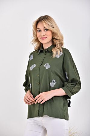 Kol Ağzı Fermuarlı Baykuş Baskılı Haki Kadın Gömlek