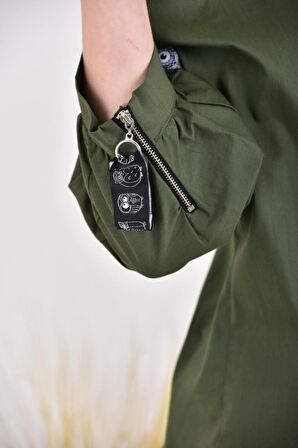 Kol Ağzı Fermuarlı Baykuş Baskılı Haki Kadın Gömlek