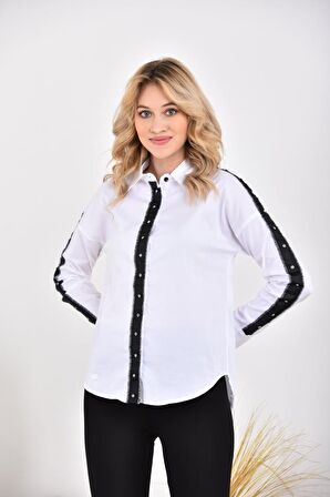 Ön ve Kol Şeritli Simli Taş Detaylı Beyaz Kadın Gömlek