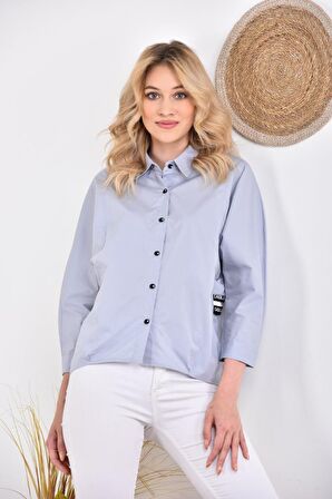 Yan ve Arka Şeritli Uzun Yarasa Kollu Gri Kadın Gömlek