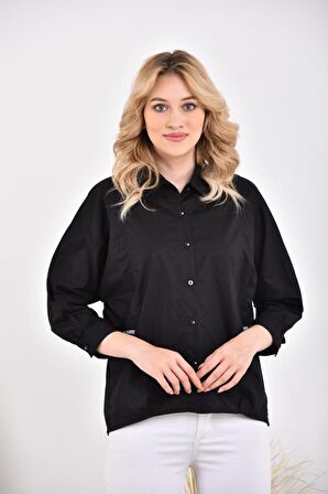 Yan ve Arka Şeritli Uzun Yarasa Kollu Siyah Kadın Gömlek
