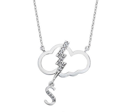 Harfli Bulut Şimşek Gümüş Beyaz Kolye  GMS1775