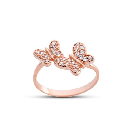 İkili Kelebek Ayarlı Rose Gümüş Yüzük GMS188