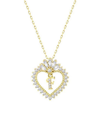 Baget Taşlı Kalpli Harfli Gümüş Sarı Kolye GMS1910