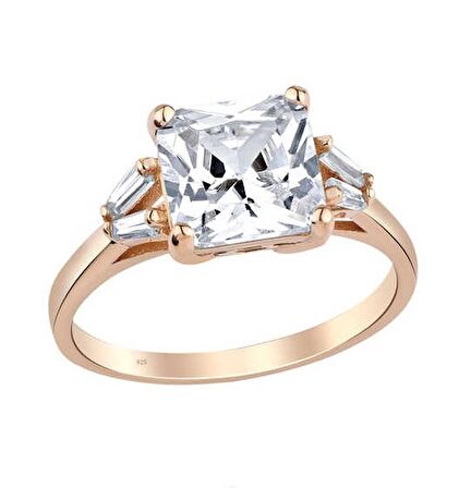 Trapez Zemin Prenses Kesim Tek Taş Gümüş Rose Yüzük GMS1979