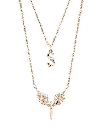 Harem Altın Harfli Mikail Meleği Rose Renk Gümüş Kolye GMS2058