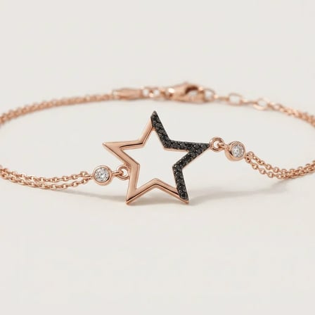 925 Ayar Gümüş Siyah Taş Detaylı Yıldız Figürlü Rose Gold Kadın Bileklik