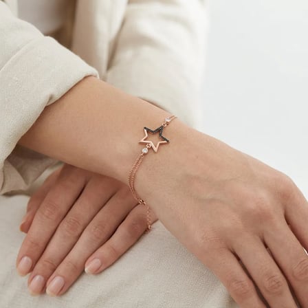925 Ayar Gümüş Siyah Taş Detaylı Yıldız Figürlü Rose Gold Kadın Bileklik