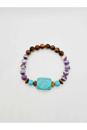 Sertifikalı Doğal Taş Cazibe Huzur Cesaret Bilekliği Kaplan Gözü Ametist Turkuaz Doğaltaş Bileklik