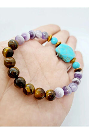 Sertifikalı Doğal Taş Cazibe Huzur Cesaret Bilekliği Kaplan Gözü Ametist Turkuaz Doğaltaş Bileklik