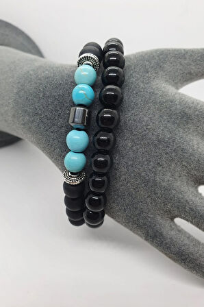 Sertifikalı Doğal Taş Kombin Bileklik Turkuaz Hematit Oniks 2'li