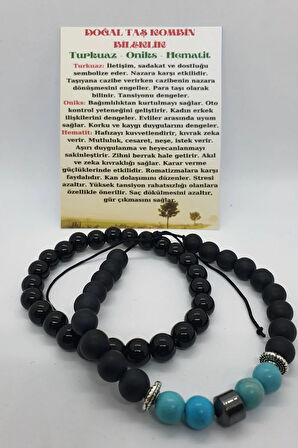 Sertifikalı Doğal Taş Kombin Bileklik Turkuaz Hematit Oniks 2'li