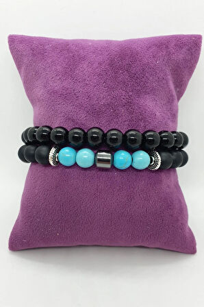 Sertifikalı Doğal Taş Kombin Bileklik Turkuaz Hematit Oniks 2'li