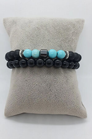 Sertifikalı Doğal Taş Kombin Bileklik Turkuaz Hematit Oniks 2'li