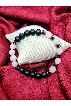 Sertifikalı Pembe Kuvars & Oniks & Hematit Doğal Taş Bileklik