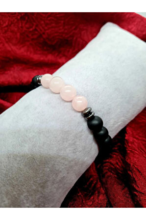 Sertifikalı Pembe Kuvars & Oniks & Hematit Doğal Taş Bileklik