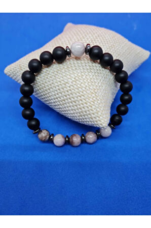 Sertifikalı Doğal Taş Kunzit & Hematit & Oniks Bileklik
