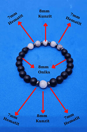 Sertifikalı Doğal Taş Kunzit & Hematit & Oniks Bileklik