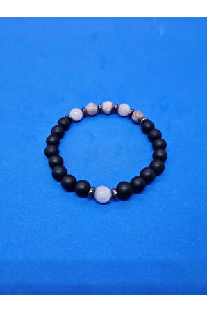 Sertifikalı Doğal Taş Kunzit & Hematit & Oniks Bileklik