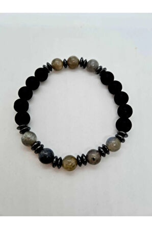 Sertifikalı Labradorit Hematit Oniks Doğal Taş Bileklik