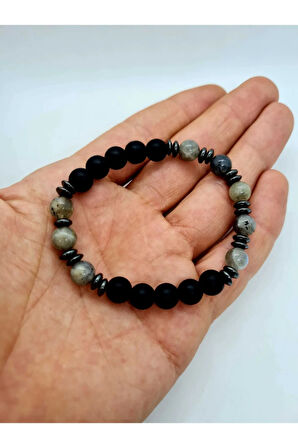 Sertifikalı Labradorit Hematit Oniks Doğal Taş Bileklik