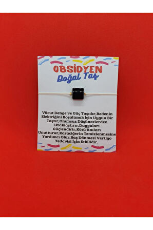 Sertifikalı Obsidyen Taşı Bileklik Ayarlamalı Kare Ipli
