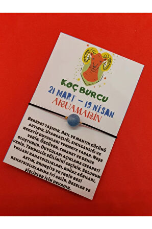 Sertifikalı Koç Burcu Akuamarin Doğal Taşlı Ip Burç Bilekliği