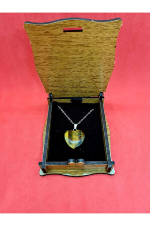 Sertifikalı Doğal Kaplan Gözü Taşı Kalp Kolye Zincir Dahil