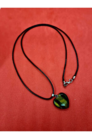 Sertifikalı Doğal Kaplan Gözü Taşı Kalp Kolye Zincir Dahil