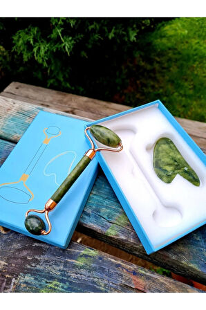 Sertifikalı Yeşim Masaj Taşı Roller Ve Yeşim Taşı Gua Sha (KALP TASARIMLI) Set