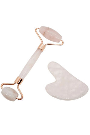 Pembe Kuvars Masaj Taşı Roller Ve Pembe Kuvars Taşı Gua Sha (kalp Tasarımlı) Set