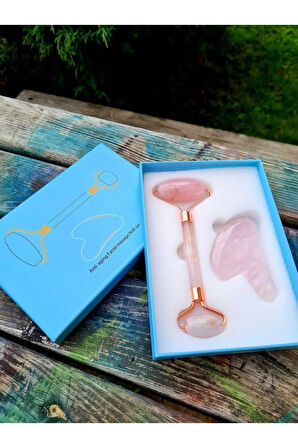 Pembe Kuvars Masaj Taşı Roller Ve Pembe Kuvars Taşı Gua Sha (kalp Tasarımlı) Set