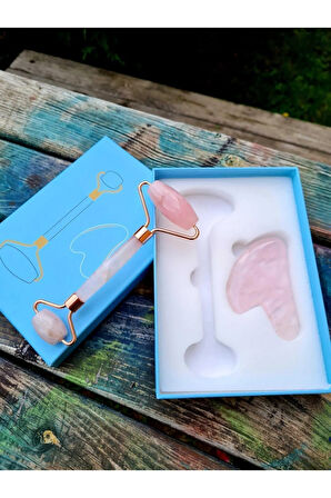 Pembe Kuvars Masaj Taşı Roller Ve Pembe Kuvars Taşı Gua Sha (kalp Tasarımlı) Set