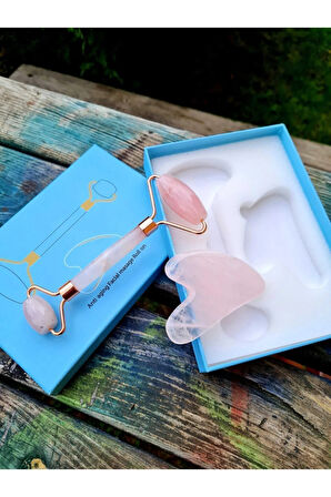 Pembe Kuvars Masaj Taşı Roller Ve Pembe Kuvars Taşı Gua Sha (kalp Tasarımlı) Set
