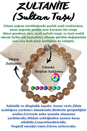 Sertifikalı Zultanit (SULTAN TAŞI) Diyaspor Doğal Taş Renk Değiştiren Bileklik Faset Kesim 10 Mm