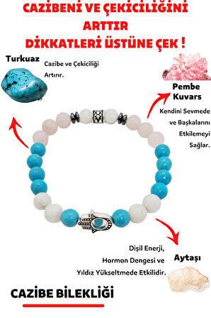 Sertifikalı Cazibe Doğaltaş Kadın Tılsım Bilekliği Aytaşı Pembe Kuvars Turkuaz Doğal Taş Bileklik