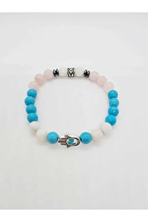 Sertifikalı Cazibe Doğaltaş Kadın Tılsım Bilekliği Aytaşı Pembe Kuvars Turkuaz Doğal Taş Bileklik