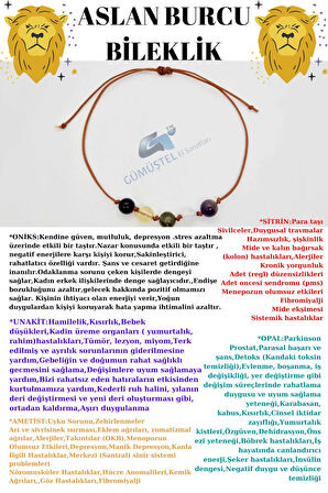 Sertifikalı Özel Tasarım Doğal Taş Aslan Burcu Bileklik Oniks Sitrin Unakit Opal Ametist