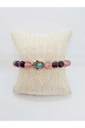 Sertifikalı Doğal Taş Aşk, Sevgi, Çiftler Arası Uyum Bilekliği (ametist Gül Kuvars Amazonit )