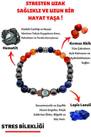 Sertifikalı Stres Doğaltaş Tılsım Bilekliği Kırmızı Akik Hematit Lapis Lazuli Doğal Taş Bileklik