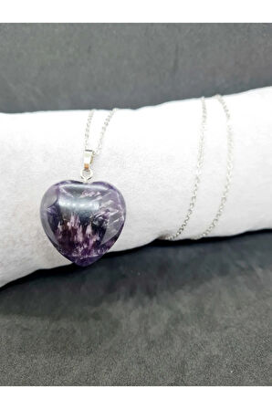 Sertifikalı Doğal Ametist Kalp Kolye Zincir Dahil