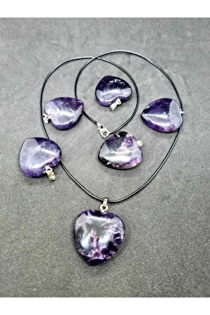 Sertifikalı Doğal Ametist Kalp Kolye Zincir Dahil