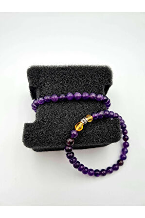 Sertifikalı Doğal Ametist Kehribar Taşı Bileklik 6 Mm