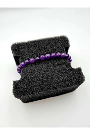 Sertifikalı Doğal Ametist Kehribar Taşı Bileklik 6 Mm