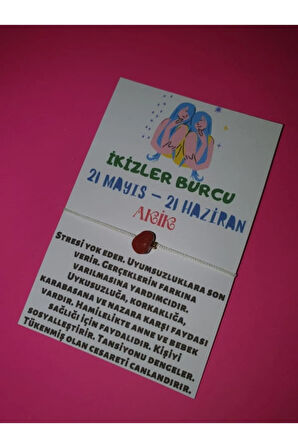 Sertifikalı Ikizler Burcu Akik Doğal Taşlı Ip Burç Bilekliği