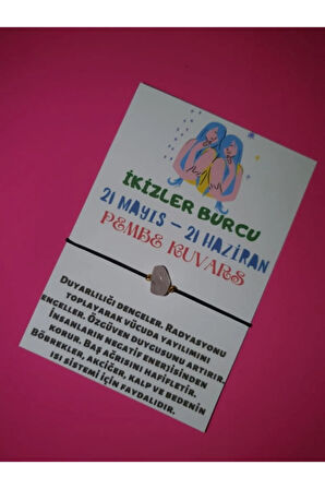 Sertifikalı Ikizler Burcu Pembe Kuvars Doğal Taşlı Ip Burç Bilekliği
