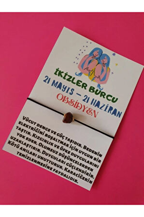 Sertifikalı Ikizler Burcu Obsidyen Doğal Taşlı Ip Burç Bilekliği