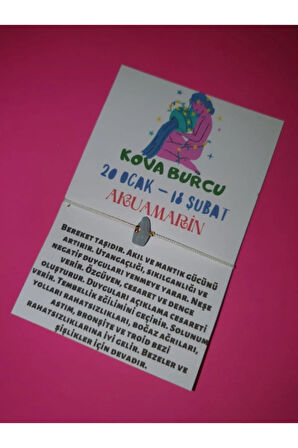 Sertifikalı Kova Burcu Akuamarin Doğal Taşlı Ip Burç Bilekliği