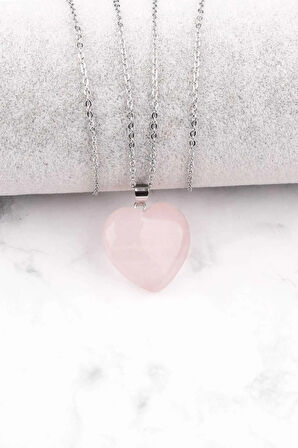 Sertifikalı Pembe Kuvars Doğal Taş Kalp Kolye Sürpriz Hediyeli