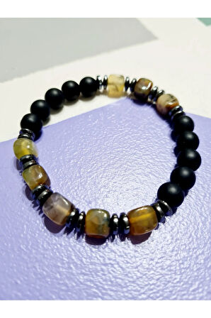 Sertifikalı Orijinal Doğal Taş Bileklik Akik Hematit Oniks Sürpriz Hediyeli